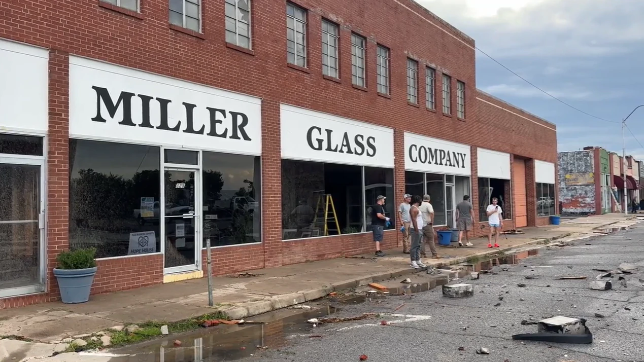 Miller Glass Co storm damage downtown McAlester June 7 2025